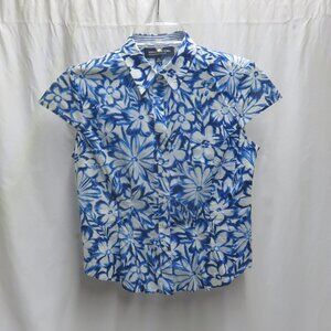 Ladies Blue and White Floral Capped Sleeves Cotton Shirt